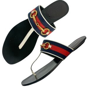 Gucci Querell Horsebit Web Stripe Logo Leather Thong Sandals EU 39